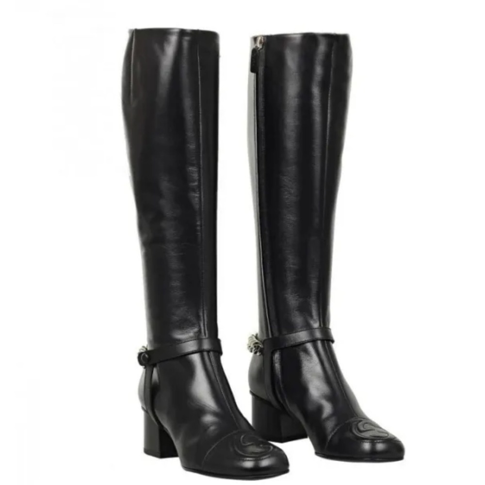Gucci Knee High Boot with Gold Chain & Logo Detail Size 35.5 (Box NOT Included)